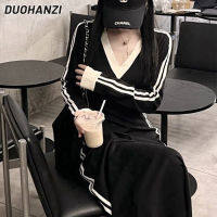 DUOHANZI รอยัลน้องสาวอาวุโสความรู้สึกของอารมณ์คอวีแขนยาวชุดเอวกระโปรง A-Line