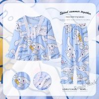 【Ready Stock】 ♧❒ C22 Summer Childrens Pajamas Lace Long-Sleeved Square Neck Girls Childrens Homewear Childrens Pajamas Girls Pajamas