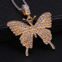 Golden Shiny Rhinestone Metal Retro Butterfly Ladies Mens Necklace Pendant Temperament Fashion Prom Sweater Chain Jewelry