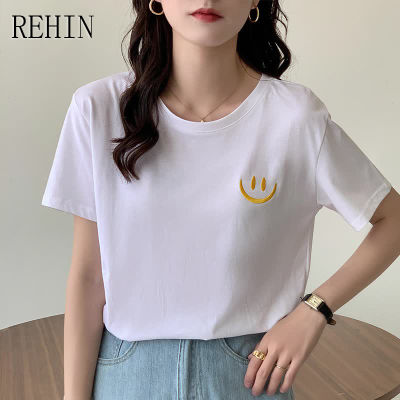 REHIN เสื้อยืดแขนลำลองขาสั้นแฟชั่นสไตล์เกาหลีแบบใหม่สำหรับผู้หญิง,สีทึบคอกลมยิ้มอเนกประสงค์เรียบง่ายฤดูร้อน
