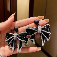 Korean Style Black Bowknot Dangle Earrings for Women Rhinestone Heart Shape Geometric Tassel Earrings Weddings Party Jewelry Gif