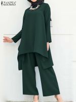 ZANZEA Woman Fashion Muslim Suit Two Piece Sets Long Sleeve Bouse Wide Leg Pant Casual Solid Urban Tracksuits Eid Mubarek Suits