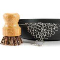 Stainless Steel Chainmail Scrubber Set Cast Iron Cleaner 4in with Wood Scrub Cleaning Brushes