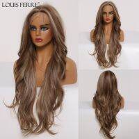 LOUIS FERRE Long Wavy Brown Lace Front Wigs With Gray Ash Highlights For Women Middle Part Cosplay Synthetic Wigs Heat Resistant Gift ของขวัญ