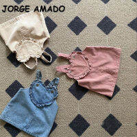 สไตล์เกาหลีชุดฤดูใบไม้ร่วงสำหรับเด็กผู้หญิง Denim สีฟ้าสีชมพู Apricot Square Collar แขนกุด Love Heart Mini Dress เสื้อผ้าเด็ก E502