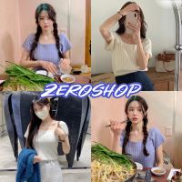 Zero shop?พร้อมส่ง? (Zero-6798)  เสื้อไหมพรมแขนสั้น คอกลม ดีเทลลายเปียกน่ารักเกาหลีๆ