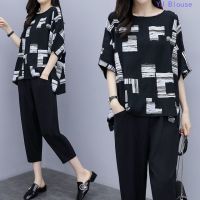 COD DSFGERRTYTRRE 【Set】plus Size Women Suit Loose Short-sleeved Blouse Tops Trousers Casual Two-piece Suit