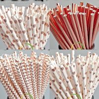 ▣ Gold Rose Gold Paper Straws Strip Dot Drinking Straw Disposable Tableware Party Supplies Wedding Birthday Party Decoration Kids