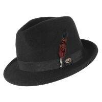 Man Classic Trilby Hats Felt Hat Vintage Fedora Hat with Metal Feather &amp; Band Outdoor Church Party Cap Black