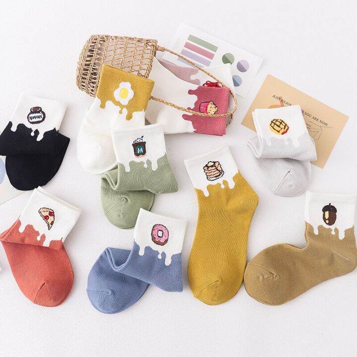 spring-autumn-women-crew-socks-candy-color-cartoon-food-pattern-pine-cone-donut-pizza-omelette-cute-female-mid-tube-casual-socks