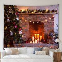 Christmas Fireplace Hippie Big Tapestry Retro Interior Background Cloth Xmas Tree Party Decor Wall Hanging Blanket Hang Curtains