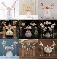 Chinese Long Hair Stick tiara Headpiece Women Hair Accessories Flower Crystal Pearl Hair Pins Handmade Hanfu Hair Jewelry Set Haberdashery