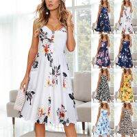 【HOT】♤◘◎ S-2XL Boho Floral Sleeveless V-Neck Beach Sundress Waist