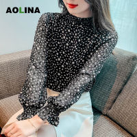 AOLINA เสื้อเบลาส์ผู้หญิงผ้าชีฟองลายดอกไม้แขนยาวแขนบานคอตั้งดอกบัวใหม่ฤดูใบไม้ผลิ2023