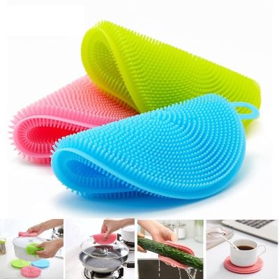 ﹍卍 6Pcs Soft Silicone Scouring Pad Washing Sponge Reusable Kitchen Cleaning Dishwashing Brush Fruit Vegetable Brushes Table Mat