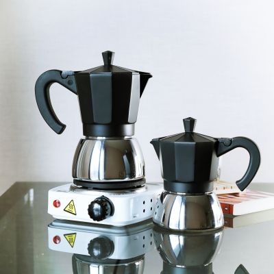 (สีดำ) ชุดเตาไฟฟ้ามินิ 500W + กาต้มกาแฟ มอคค่าพอท ฐานสแตนเลส Stainless Moka Pot (4cup/200ml)