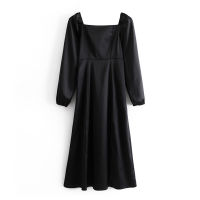 Aachoae Elegant A Line Black Party Dress Women Square Collar Sexy Split Dress 2021 Long Sleeve Chic Midi Dresses Vestidos