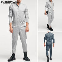 Beehoo INCERUN Mens Long Sleeve Jumpsuits Rompers Fitted Cargo Pockets Pants Overalls