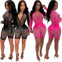 (Xianle Clothing) Mulheres Sexy Malha Glitter Strass Playsuit Calças Curtas Verão Transparente Zíper Macacão Macacão 2019 Manga Longa Noite Clube