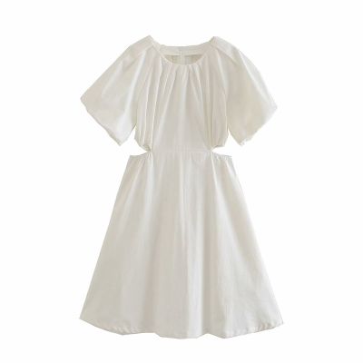 2021Tangada 2021 Summer French Style Cut-out Dress Puff Short Sleeve Ladies White Dress Vestidos 4M176