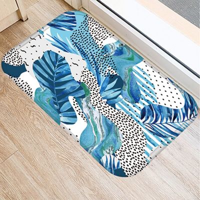 Blue Leaves Kitchen Mat Home Entrance Doormat Bedroom Living Room Flowers Rug Hallway Bathroom Balcony Floor Anti-Slip Carpet