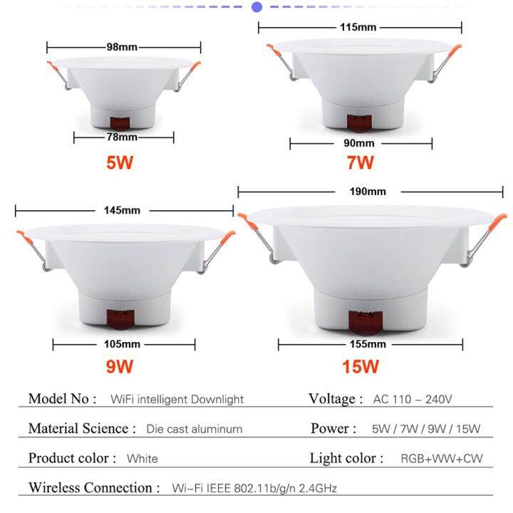 tuya-ไฟดาวน์ไลท์-led-wifi-art-ไฟสปอตไลท์หรี่แสงได้5w-9w-12w-15w-led-กลม-rgb-โคมไฟติดเพดานสีใช้ได้กับ-alexa-google-home