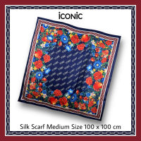 iCONiC LOGO + FLORALS FRAME SILK SCARF SIZE M #6683 ผ้าคลุมไหล่ ขนาด100x100cm ผ้าไหมซาติน พิมพ์ลาย ดอกไ้ม้ หรูหรา ผ้าพันคอ ผ้าไหม ผ้าพันคอผญ