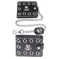 หนัง Cool Punk Gothic Western Skull กระเป๋าคลัทช์กระเป๋าสตางค์พร้อมโซ่สำหรับผู้ชาย