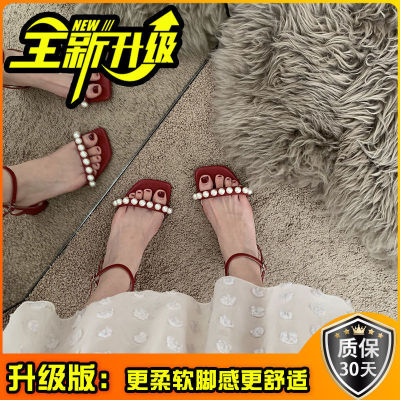 JLU466รองเท้าแตะแฟชั่นผู้หญิงฤดูร้อน2021ใหม่แฟชั่น All-Match เกาหลีรองเท้าเปิดนิ้วภาษาฝรั่งเศสคำตาข่ายมุกสีแดงหนารองเท้าผู้หญิง