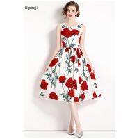 French Retro Printed Dress Waist Slimming Elegant Hepburn Style Slim Mid-Length