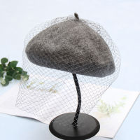 New Beret Female French Hat Plaid Wool Beret With Veil For Wedding Party Tweed Mesh Cap