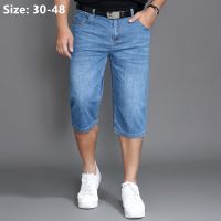 №◈﹍ Summer Jeans Shorts Mens Denim Elastic Stretched Thin Oversized Plus Size Light Blue 42 44 46 48 Male Calf Length Half Trousers