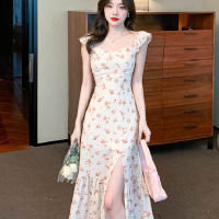 Korean Floral Long Dress For Woman Casual Party tail Dress Formal Sexy Fitted Dress With Slit XL