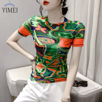 YIMEI เสื้อยืดผ้าตาข่ายผ้าโปร่งแขนสั้นสำหรับผู้หญิงในช่วงฤดูร้อน2023ทำให้ผอมและมีสไตล์เสื้อยืดสตรีพร้อมเสื้อพิมพ์ลายคอกลมและแฟชั่นสำหรับผู้หญิง