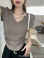 ❃ Irregular design with v-neck front shoulder t-shirt womens top summer waist sexy pure desire ins with bottoming short sleeves