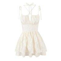 【YF】 YENKYE Women Sexy Corset Style Tie Bow Lacing Up Halter Sling Dress Vintage Beige Jacquard Weave Ruffles Hem Ladies Mini Robe