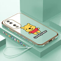 เคสสำหรับ Honor เคสโทรศัพท์90 5G 90 Lite 5G ฟรีสายคล้องหมีการ์ตูนหมีพูห์น่ารักลายขอบสี่เหลี่ยมเคสโทรศัพท์ชุบหรูหราชุบเคสโทรศัพท์นิ่ม