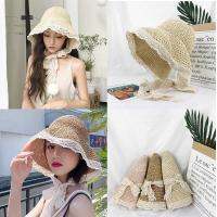 ๑ Korean Summer hat women small fresh strap lace straw hat foldable sunscreen beach fisherman hat women