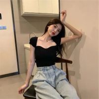 COD tjjs079 TIMO Ready Stock? Square neck top womens solid color Korean version of the all-match t-shirt Slim short sleeves crop