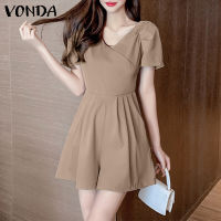 VONDA ชุดจั๊มสูทคอวีแขนพองใส่สบายของผู้หญิง (ลำลองสไตล์เกาหลี)9644