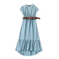 ZZOOI KPYOMOA Women 2020 Elegant Fashion With Belt Ruffled Midi Dress Vintage V Neck Short Sleeve Elastic Waist Female Dresses Mujer