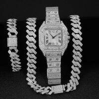 「Dark blue watch」 IpHop Iced Out Men WomenWith NecklaceDate QuartzFull RhinestonesCuban Hand Chain Fashion Jewelry