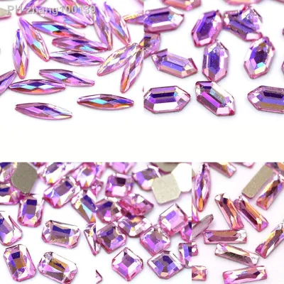 20Pcs Flat Back K9 Crystal Nails Art Rhinestones Aurora AB Diamond Design Pink Color Multi-Shaped Manicure Glass Stone Decor F06