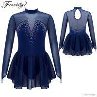 Kids Girls Figure Skating Dance Dress Long Sleeve Shiny Rhinestone Mesh Ballet Gymnastics Leotard Dresses Competition Dancewear