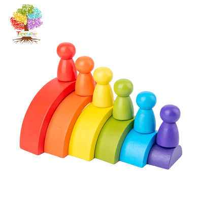 Treeyear Montessori เด็กวัยหัดเดินของเล่นไม้ Rainbow Stacker บล็อกปริศนาทำรังขนาดใหญ่ของเล่นเพื่อการศึกษาสำหรับเด็ก Baby