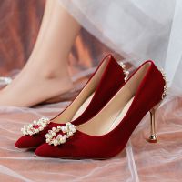 Wedding shoes female pointed to marry the bride 2022 new Chinese style with pure XiuHe pearl red high heels