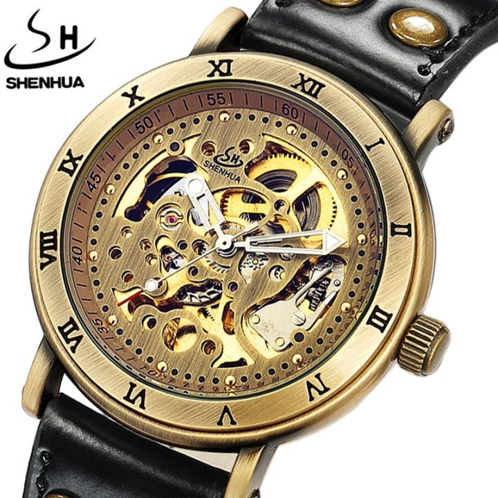 นาฬิกาข้อมือสำหรับผู้ชายโครงอัตโนมัติโบราณสตีมพังค์วินเทจบรอนซ์สแตนเลสนาฬิกาข้อมือกลไกผู้ชายหรูหรา