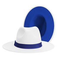 Classic Outside White Inside Blue Patchwork Wide Brim Fedora Hat Men Women Two Tone Felt Fedora Hats Cowboy Jazz Hat Brown Belt