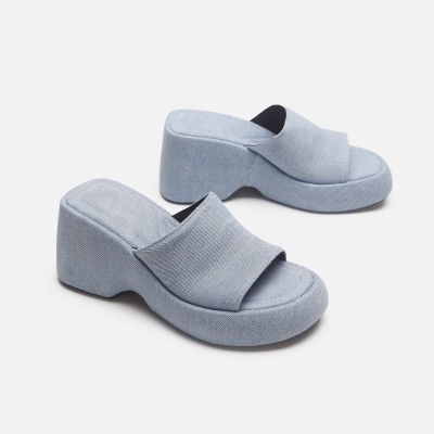 【lowest price】 Blue denim sloping heel fish mouth sandals Womens thick sole wrapped cloth slippers