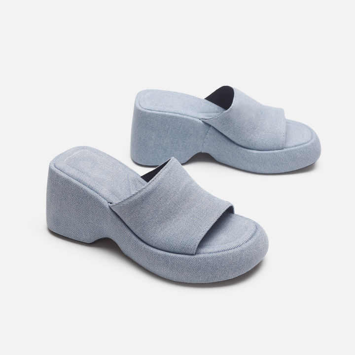 lowest-price-blue-denim-sloping-heel-fish-mouth-sandals-womens-thick-sole-wrapped-cloth-slippers